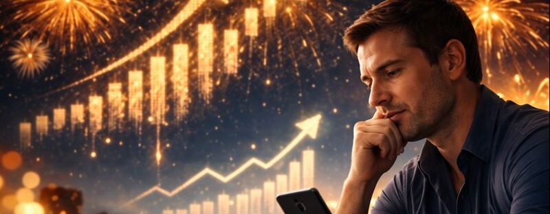 Investidor analisando resultados de copy trade no celular, com gráficos financeiros em alta simbolizando crescimento e estratégia.