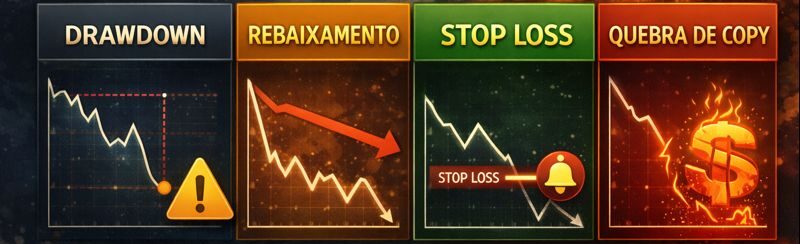 Gráfico de perdas no copy trading mostrando drawdown, rebaixamento, stop loss e quebra de copy.