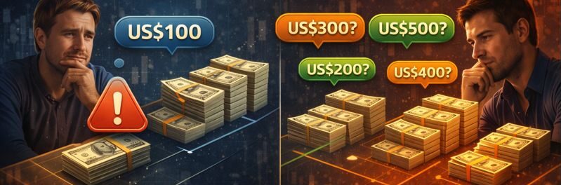 Pessoa analisando quanto investir para começar no copy trading, com valores em dólar e gráficos financeiros ao fundo.