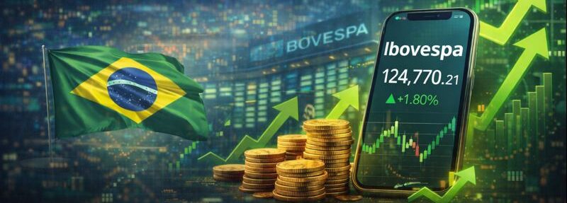 Gráfico de alta do Ibovespa com elementos visuais do mercado financeiro brasileiro e indicadores positivos.