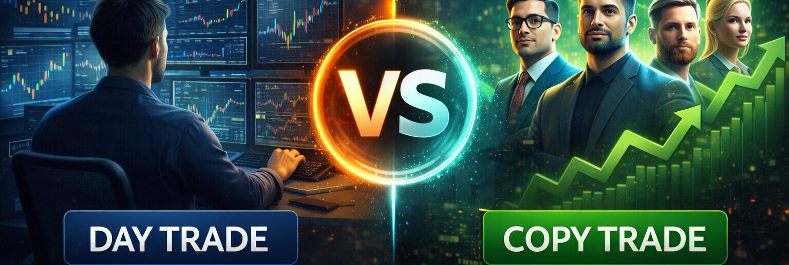 Comparação visual entre day trade e copy trade, com trader operando gráficos de um lado e grupo de investidores com gráfico de alta do outro.