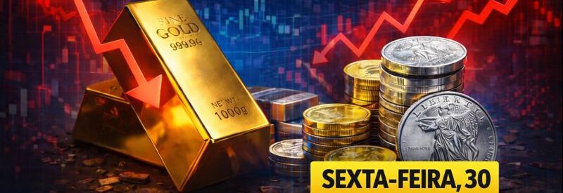 Imagem ilustrativa de um crash histórico no mercado financeiro, com ouro e prata em forte queda, gráfico de preços despencando e a data do evento marcada como sexta-feira, dia 30.
